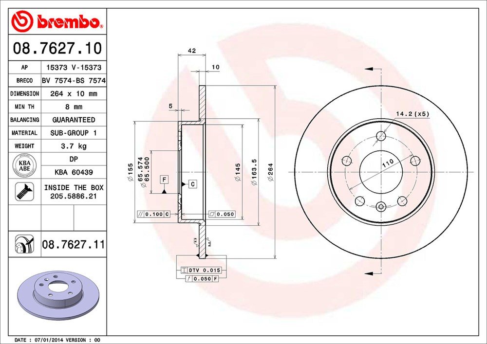 Brembo 08762711 Discos de Freno con Recubrimiento UV, Set de 2