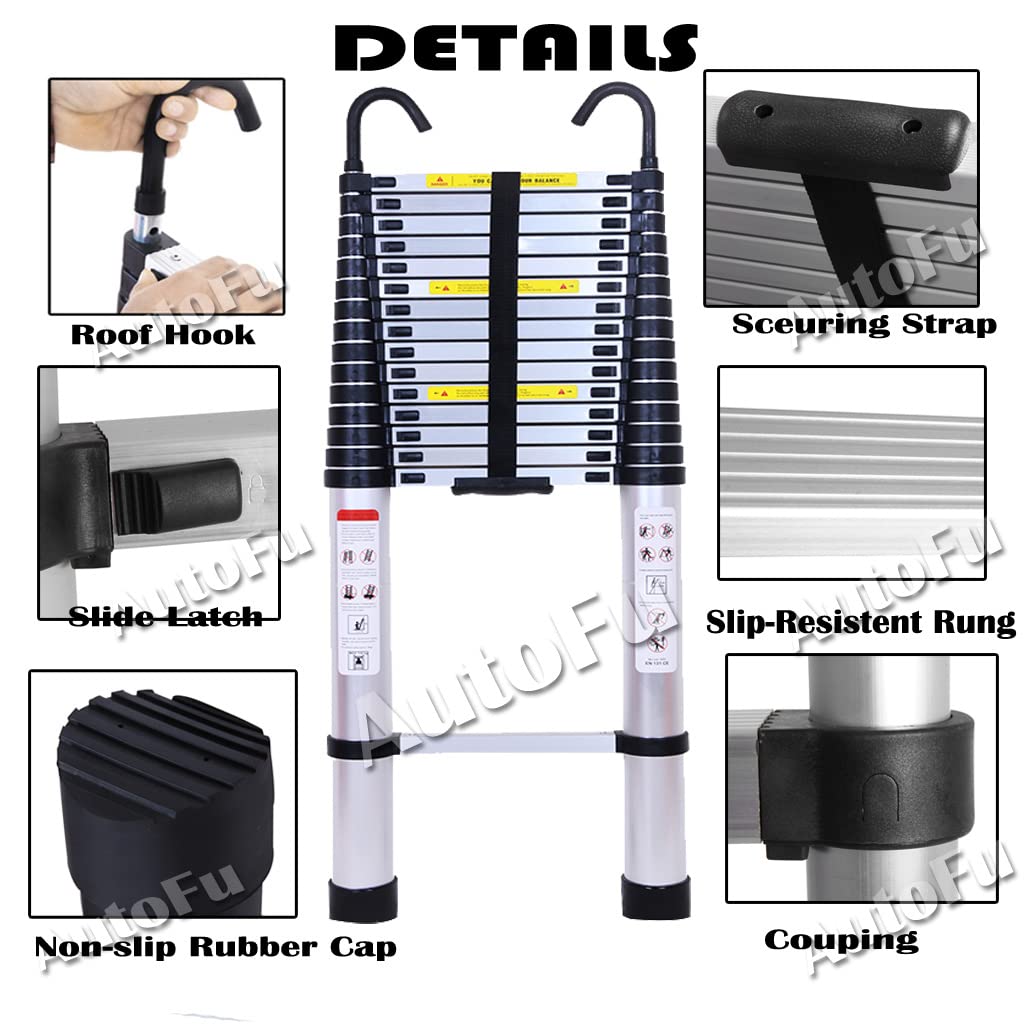 6.2M Échelle Télescopique avec 2 Crochets Amovibles Portable Échelle Pliant en Aluminium Telescopic Ladder EN131 pour Attic/Grenier 150kg Charge (Couleur d'origine Argent)