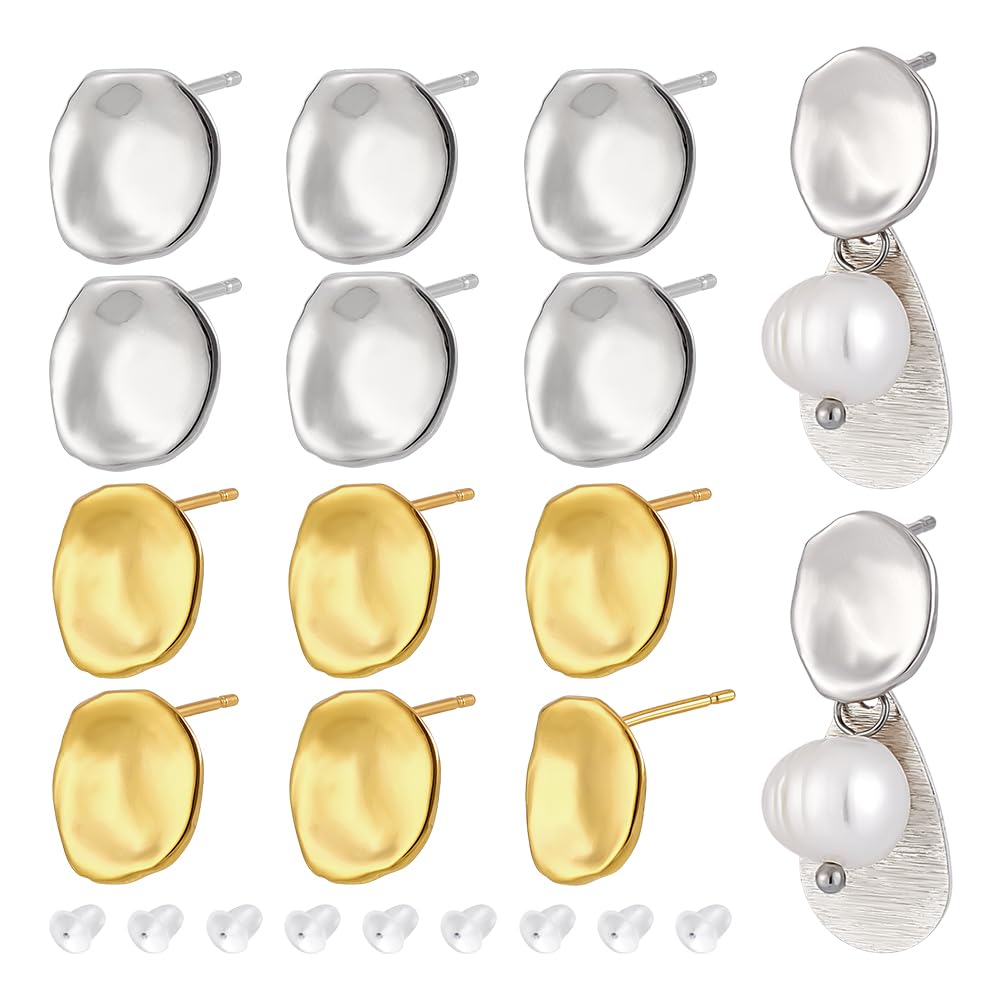 BENECREAT 52Pcs Earring Making Components Kit 18K Gold Plated Flat Back Studs for DIY Jewelry 11.5x10mm/0.45x0.39inch Brass Findings with Plastic Ear Nuts Included for Craft Projects