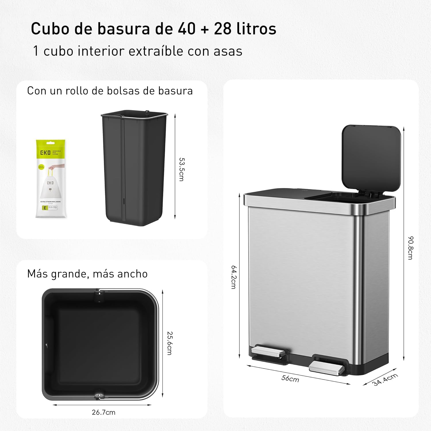 EKO Hana Deluxe Bote de Basura 40L+28L (68L) Doble Compartimento | Pedal Metálico | Acero Inoxidable Premium | Cubos Interiores Extraíbles | Ideal para Reciclaje en Cocina