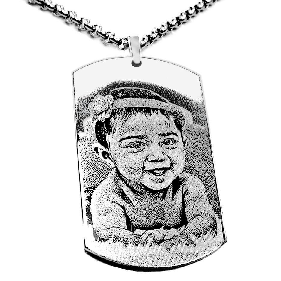 Collier avec médaillon photo personnalisé | Pendentif rectangulaire ou cœur Gravure photo et texte au dos en acier inoxydable pour homme ou femme |...