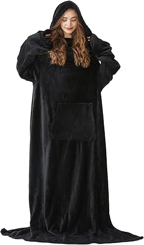 L'AGRATY Manta de forro polar con mangas, bolsillo y sombrero, manta funcional extra larga, cálida, suave y acogedora, regalos para mujeres, novia,