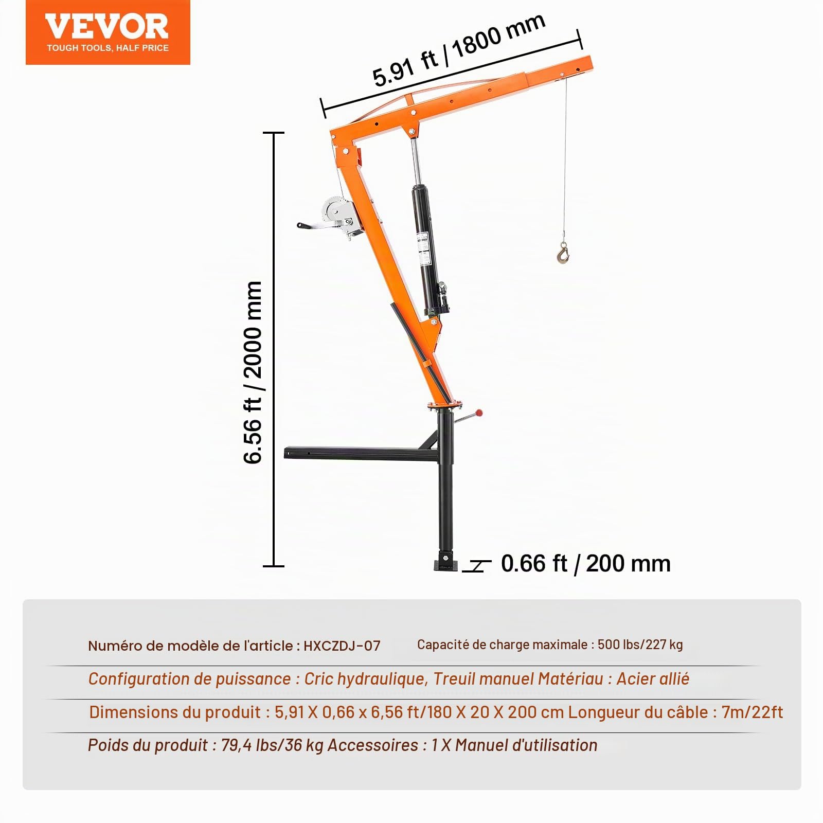VEVOR Grue hydraulique pour camionnette, capacité de 227 kg, grue montée sur attelage, avec 3 capacités de flèche de 50 kg, 100 kg, 200 kg, pour le levage de marchandises dans la construction, l'usine