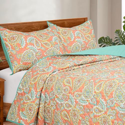 Image of ROYALE LINENS Twin Size 2 pc Quilt Set - Soft Lightweight 100% Microfiber Quilted Set - Printed Bedspread - Quilted Blanket Thin Comforter - Bedding Coverlets for All Seasons (Multi, 1 Quilt- 1 Sham)