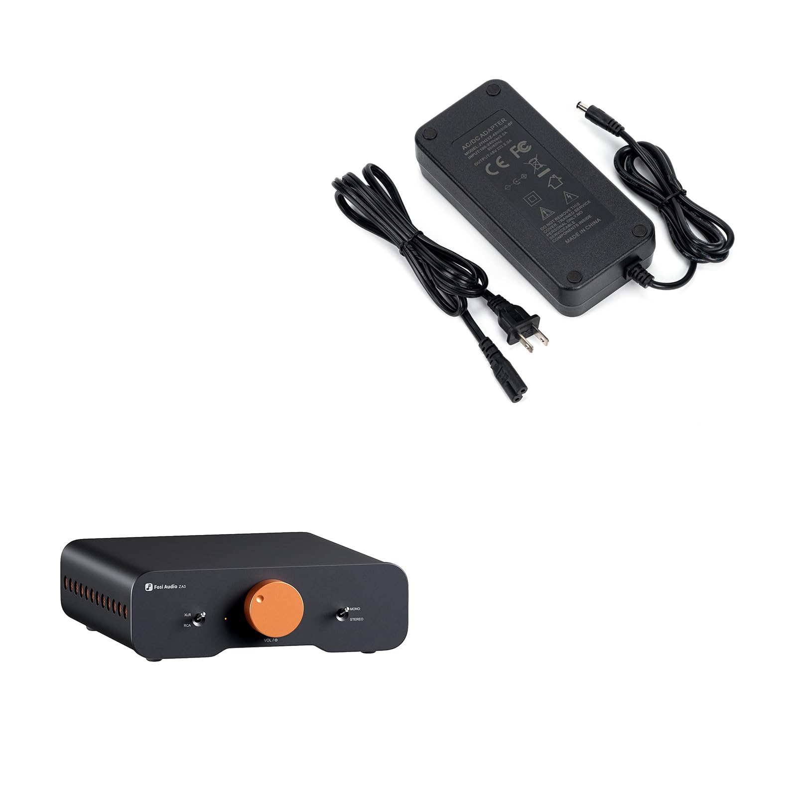 Fosi Audio ZA3 Amplificador HiFi Estéreo/Mono con Chips TPA3255, Entradas XLR-RCA Balanceadas y Disparador de 12 V+Fosi Audio 48V 5A Fuente de Adaptador