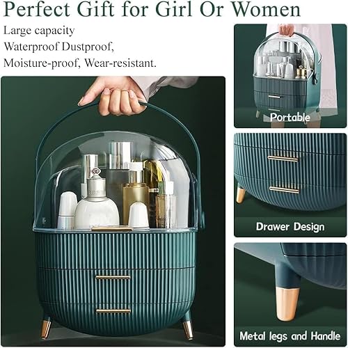 Kousee Multifunktionaler Make-up-Koffer, staubdicht, Kosmetik-Aufbewahrungsbox, Organizer, Hautpflegeprodukte, Schmuck-Organizer, Finishing-Box für Schlafzimmer, Badezimmer, Schreibtisch, Dunkelgrün