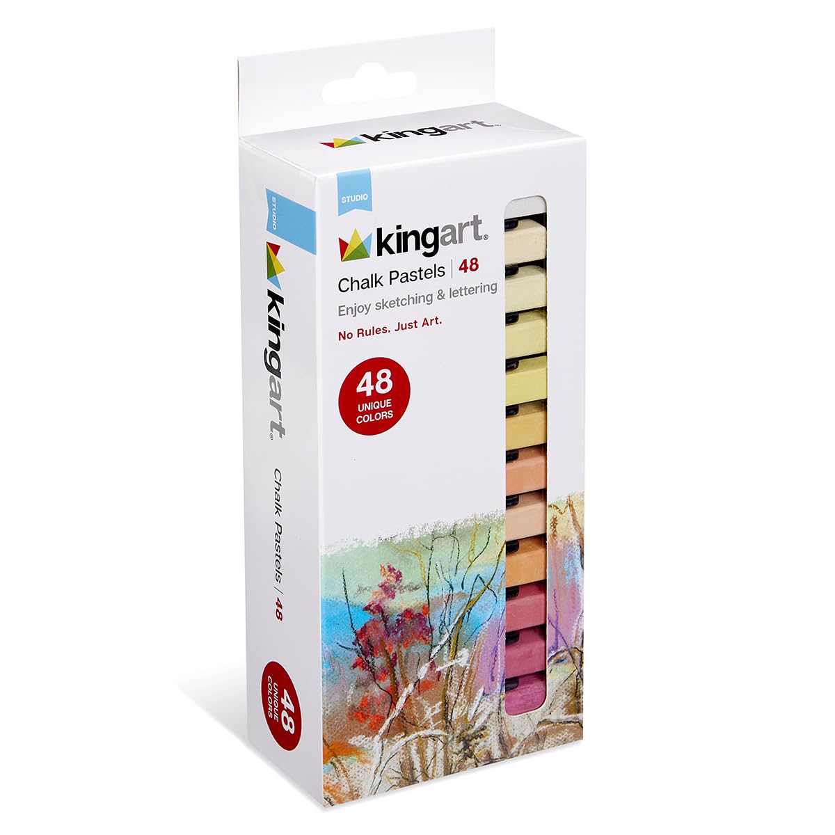 KINGART 175-48 Soft Chalk Pastels, 48 Assorted Colors, Square Charcoal, Drawing Media for All Artist