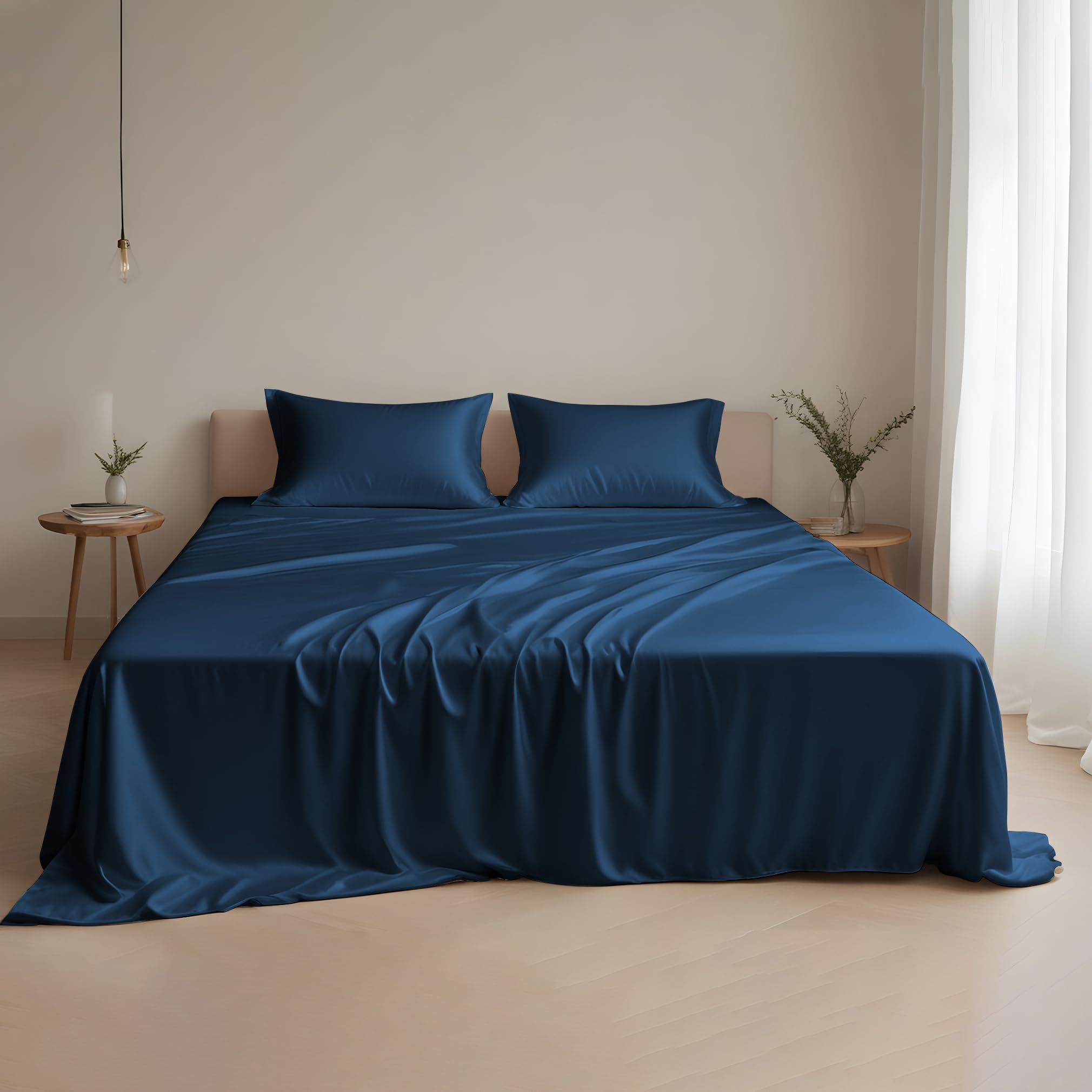 Juego de sábanas 100% Eucalyptus Tencel de LINENWALAS, ropa de cama de lyocell refrescante, transpirable natural, antialérgica, juego de 4 piezas (azul marino, doble)