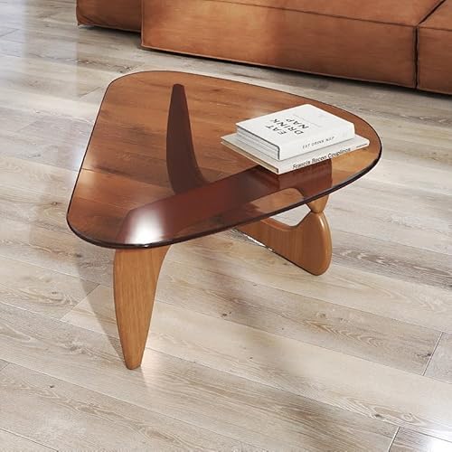 Walnut Glass Coffee Table with Tempered Glass Top Mid Century Modern Coffee Table for Living Room, Rustic Brown Center Tables Unique Tea Tables