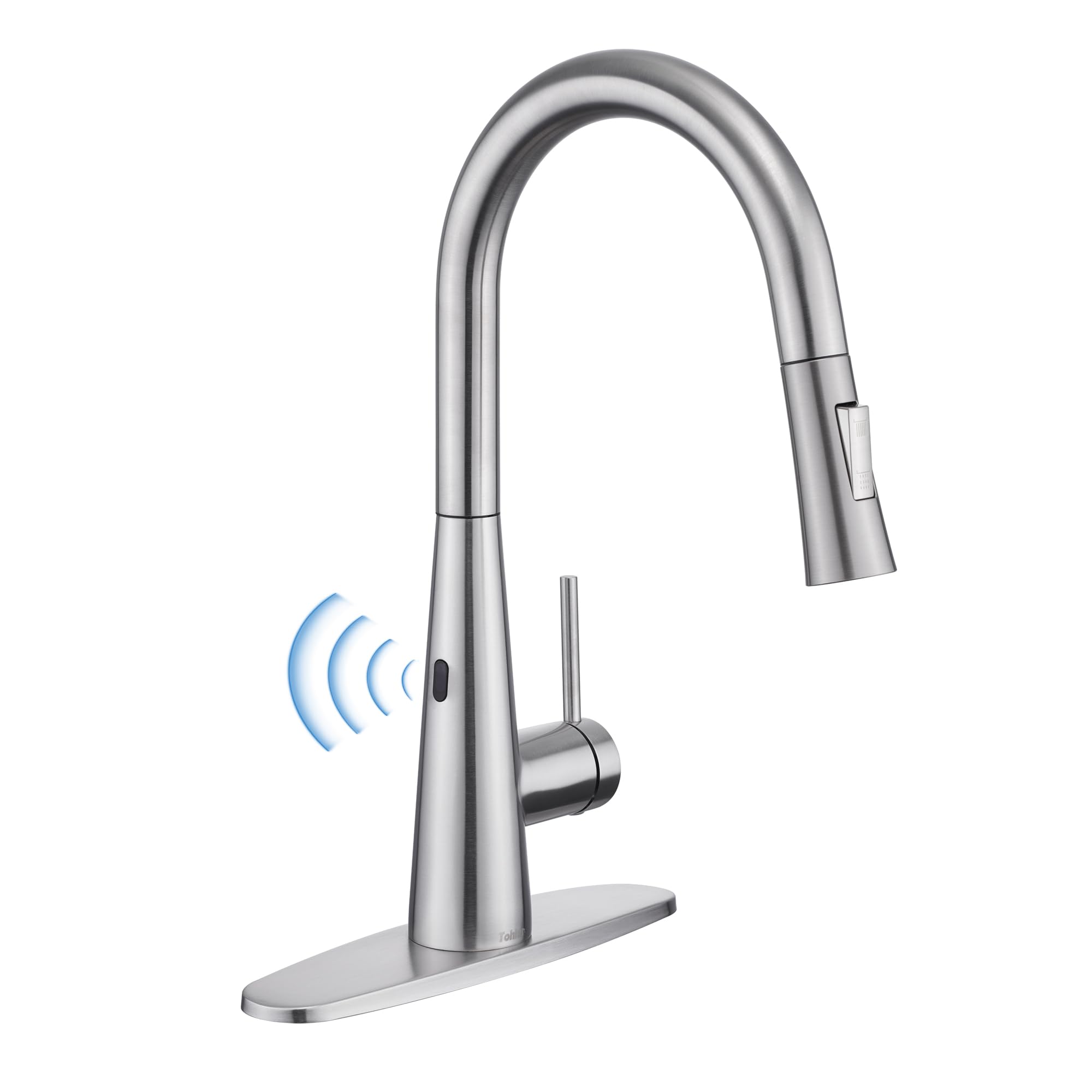 TohlarTouchless Kitchen Sink Faucets with Pull Down Sprayer Brushed Nickel, Modern Side Sensor Faucet for Sink 3 Hole, Single Handle Stainless Steel Kitchen Faucet with Deck Plate