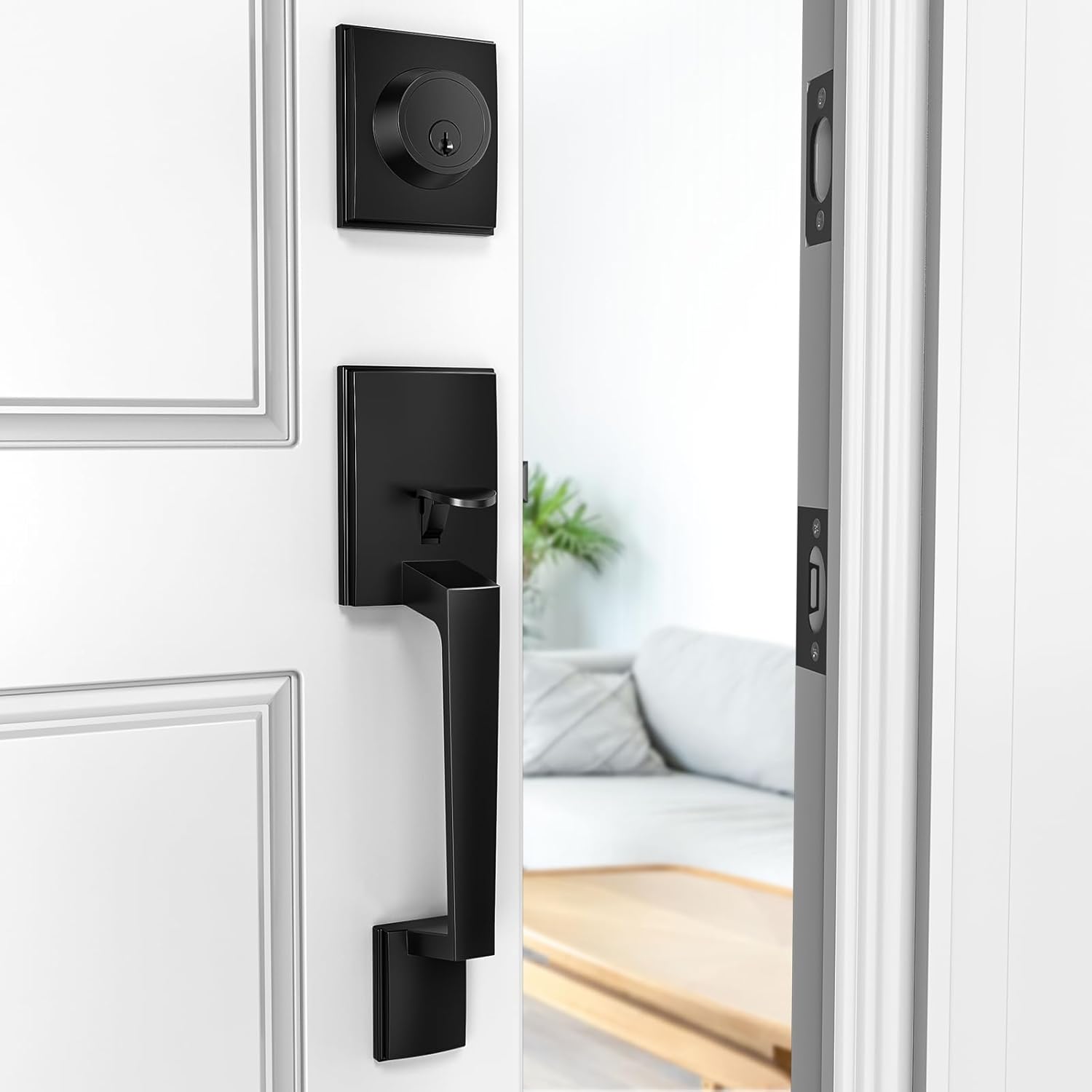 Brightify Black Front Door Handle, Modern Exterior Door Handle with Passage Lever, Front Entry Door Handle No Lock, Reversible for Left & Right Hand Door, Lower Half Grip