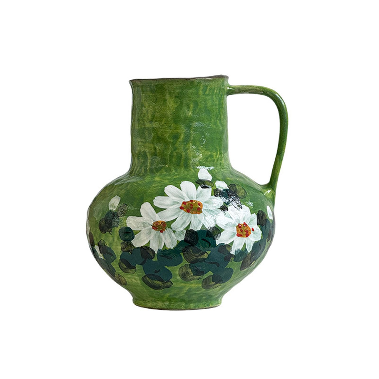 Nzzkoides Green Hand-Painted Pattern Vase For Flowers, Elegant Ceramic Vase With Handle, Ornament For Living Room, Bedroom, Study, Office, Coffee Shop(Size:h23cm,Color:green)