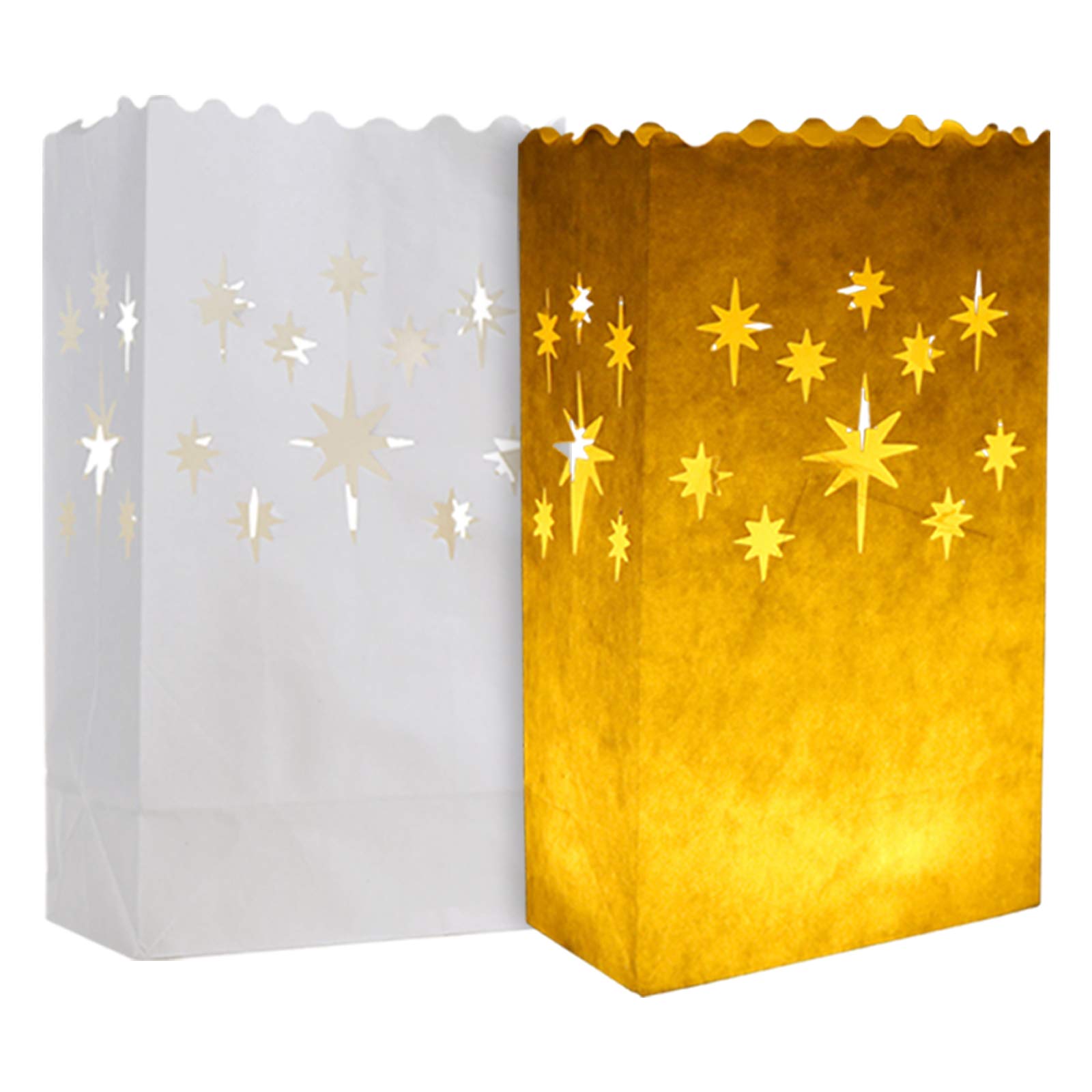 20 pcs White Luminary Bags, Candle Bag with Stars Design, Durable and Reusable Fire-Retardant Cotton Material Paper Lantern Bags for Wedding Valentine Reception Engagement Marriage Proposal Event