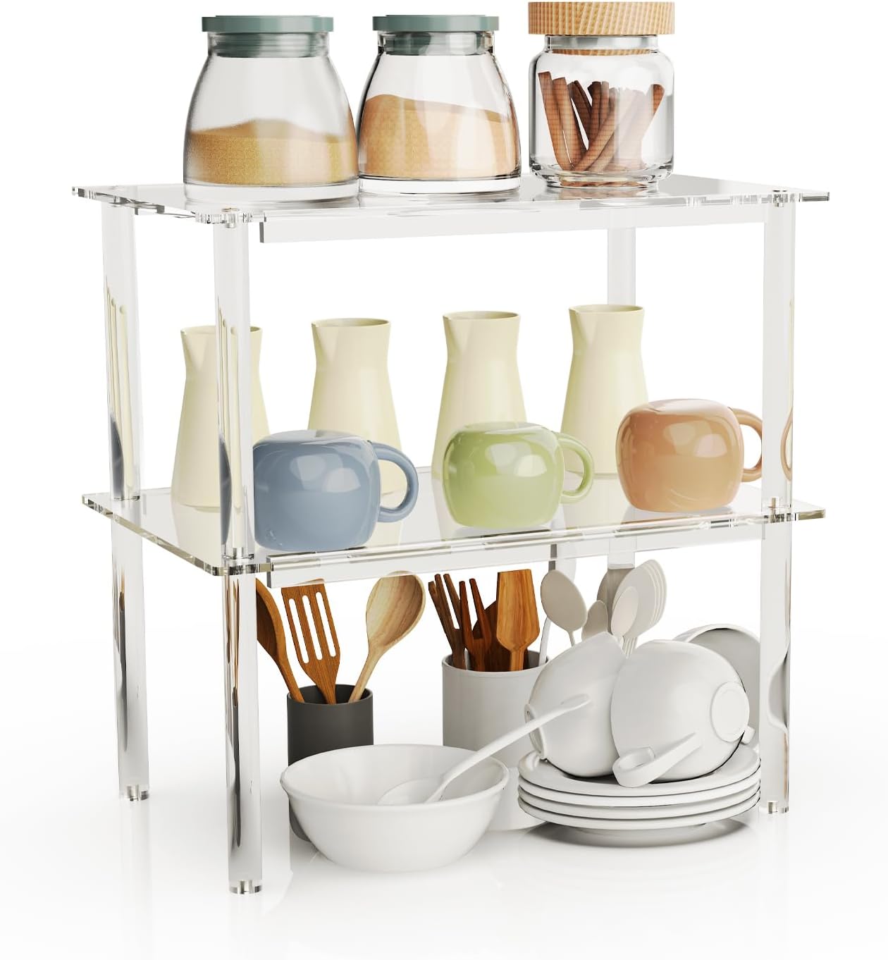 Clear Acrylic Shelves,Cabinet Shelves,Set of 2 Spice Organization for Cabinet, Cabinet Organizer Shelf, Kitchen Cabinet Organizer for Makeup,Bathroom,Desk,Cupboard,Pantry Organization