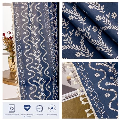 Image of Navy Blue Boho Curtains 96 Inch Long for Living Room, Bedroom, 2 Panels Floral Farmhouse Vintage Tassel Semi Sheer Light Filtering Privacy Window Curtain Drapes with Rod Pocket, Navy Blue