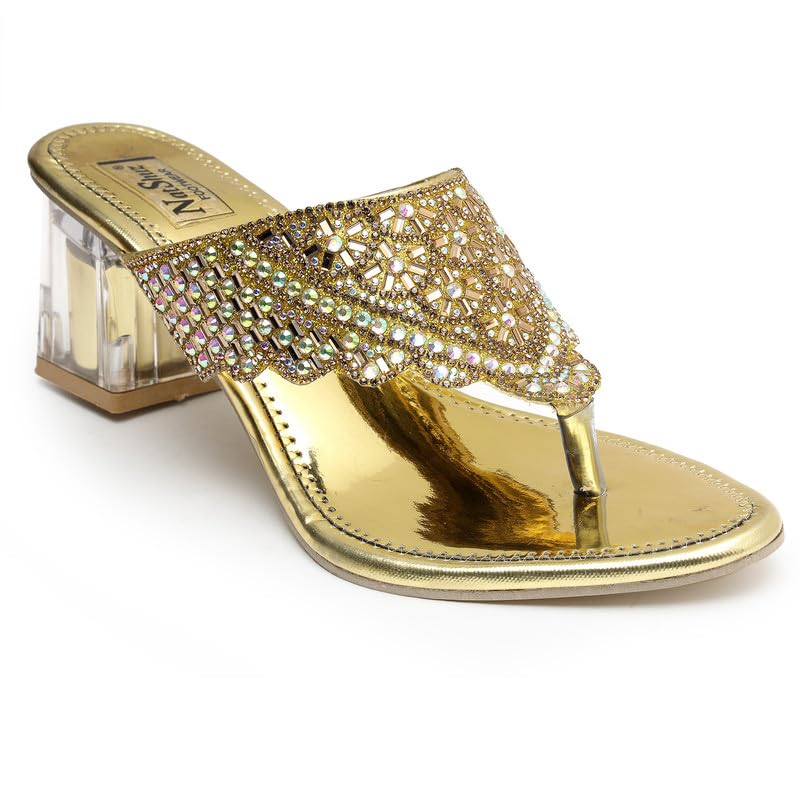 NATSHUZ Casual and Formal Comfortable Slip-on Block Heel Sandal with Colourful Nags for Womens and Girls for Fashion | Wedding | Party & Style (Gold) (B0CRHL4KC6) Amazon Price History, Amazon Price Tracker