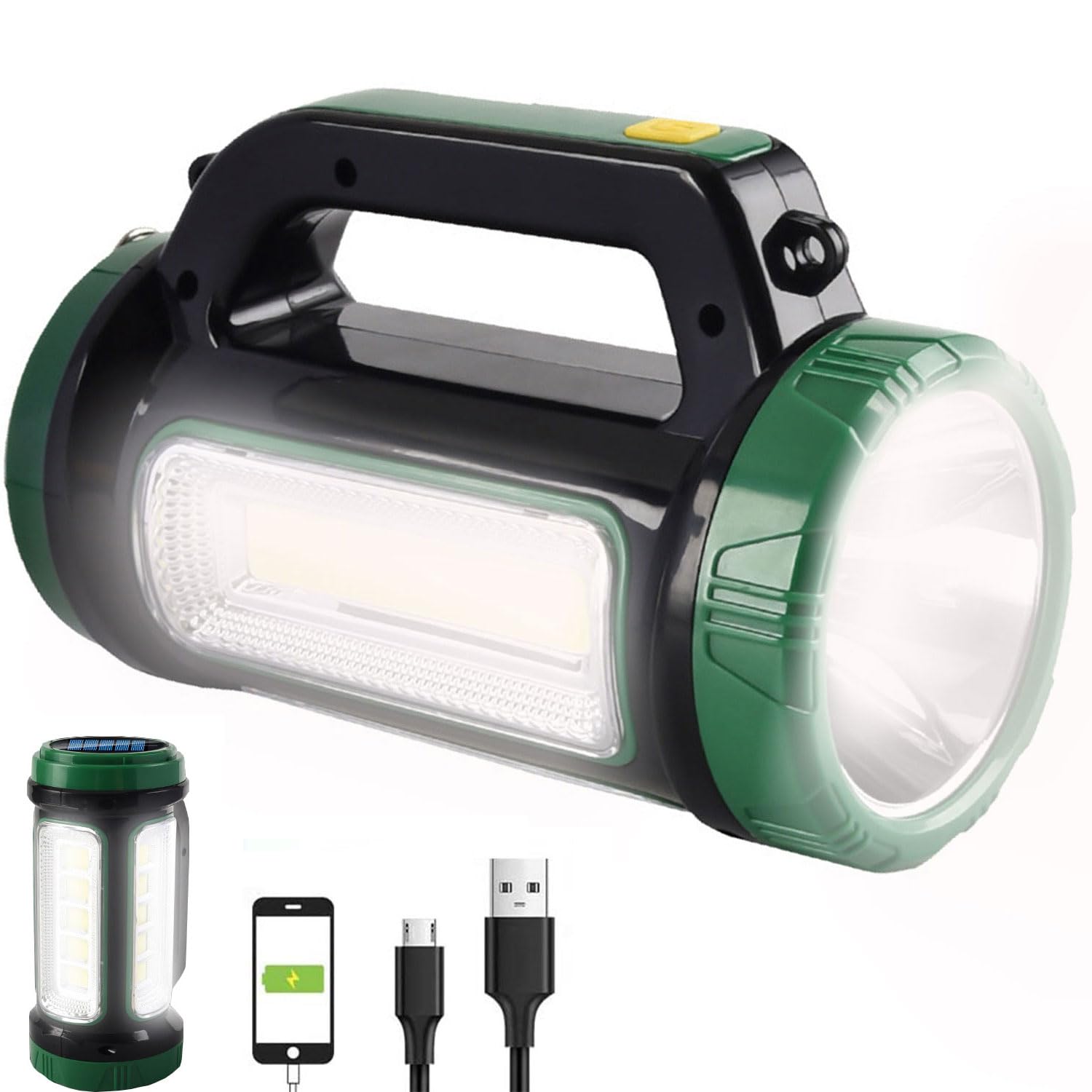 SUYOOULIN LED Searchlight Spotlights Lantern, Solar Rechargeable Super Bright 10000LM Handheld LED Flashlight, Multifunction Camping Lantern Work