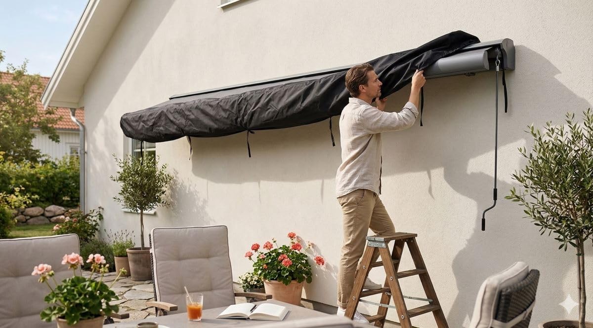 Jet-line Bâche de Protection Noire pour auvent - Protection Contre Les UV - Protection Contre la Pluie et la saleté pour Stores - pour auvent à Bras articulés Housse bâche, Noir - 4 m (4)