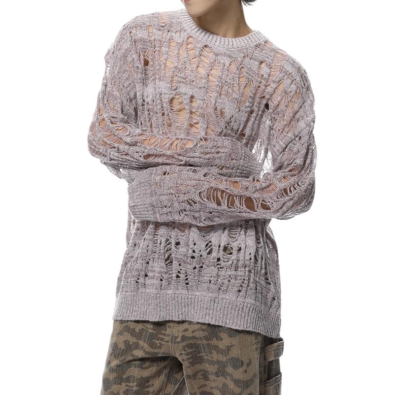 Men's Hollow Out Knitted Sweater Ripped Long Sleeve Drop Shoulder Undershirt Street Club Pullover Tops3