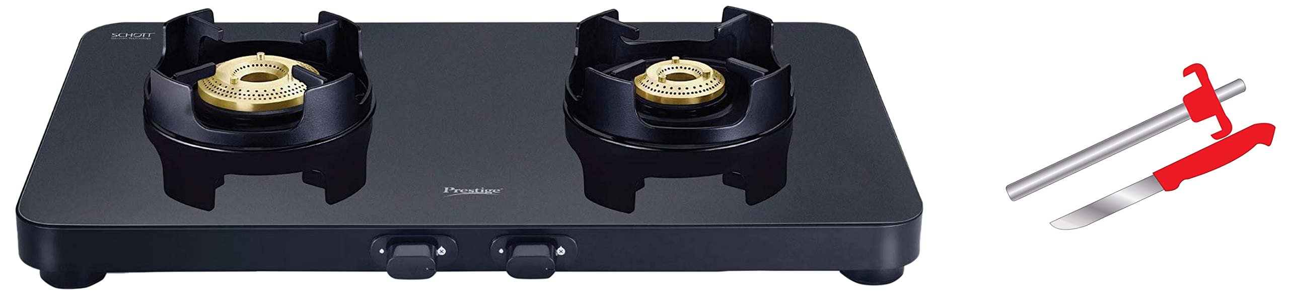 PrestigePrestige Edge Schott Glass 2 Burner Gas Stove, Black & Stainless Steel PGL-03 Gas Lighter with Knife, Red Combo