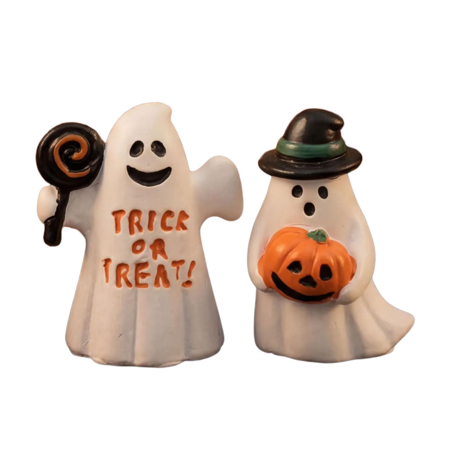 Ekoama 2Pcs Halloween Ghostly Decors Resin Miniature Figurines With Holding Pumpkins Lollipop Design For Home Party Decoration