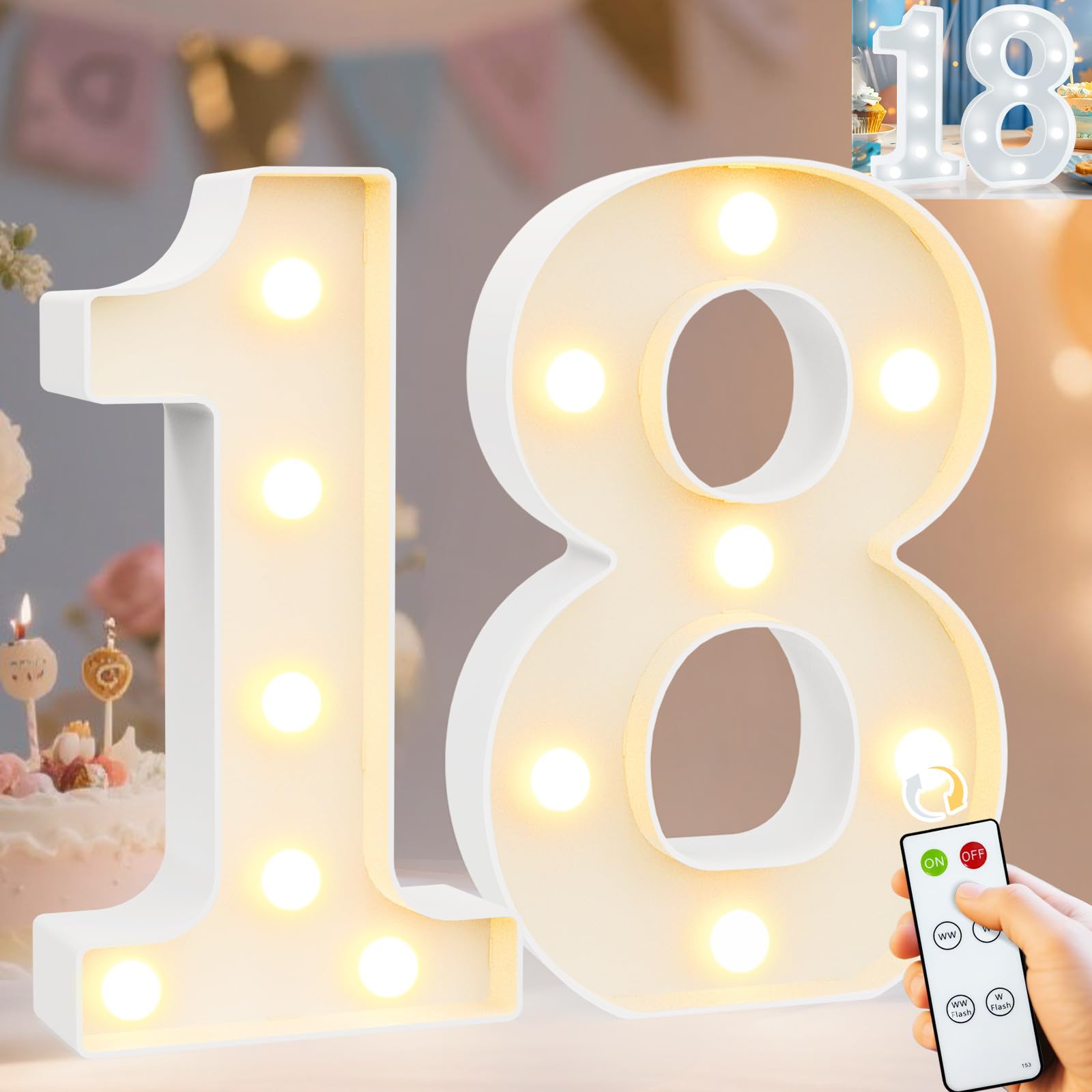 Pooqla 18th Birthday Decorations for Girls Boys, Decorative Marquee Numbers with Remote, Light Up 18 Sign for Party Backdrop 18th Wedding Anniversary Decor, Warm White and Cool White Number 18