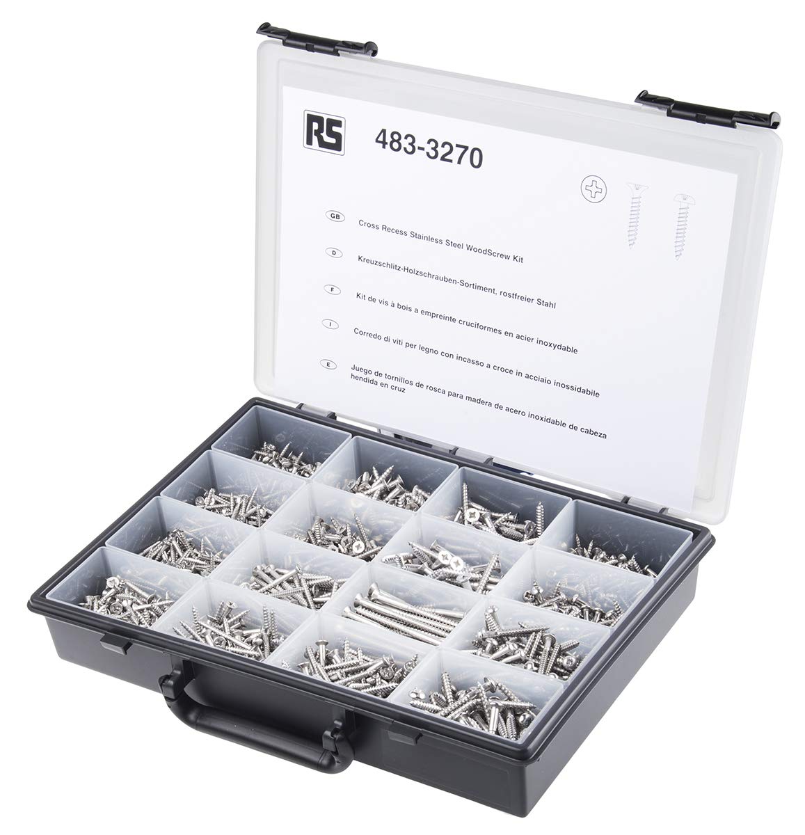 RS PRO Edelstahl Pozidriv, Schlitz Schrauben Sortiment Flach x 0.5 Zoll x 0.75 Zoll, 1250 Stück