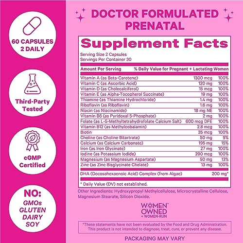 Pink Stork Total Prenatal Vitamins with DHA, Folate, Iron, Choline, and