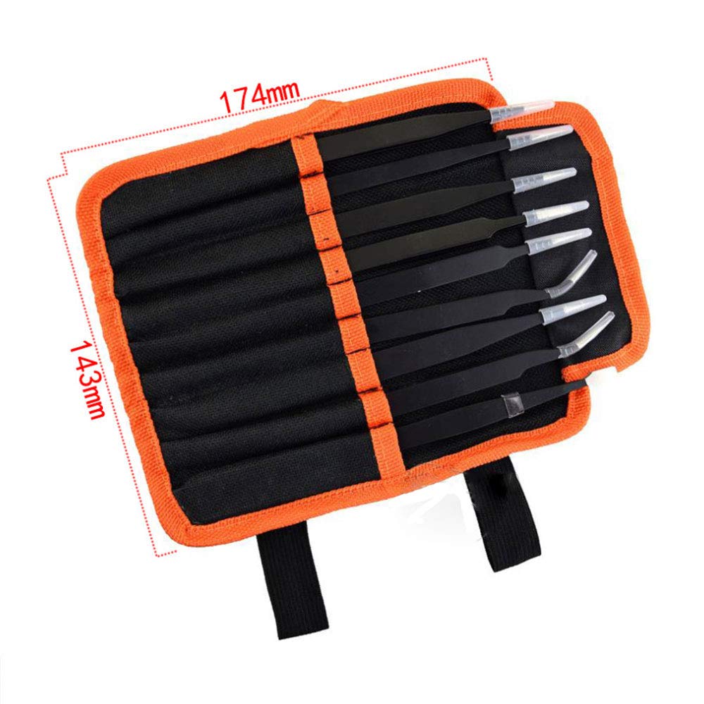 Set di 9 pinzette per sopracciglia, in acciaio inox, con sacchetto di raccolta, 2 colori, pinzette curve, per artigianato, gioielli, elettronica, lavoro di laboratorio