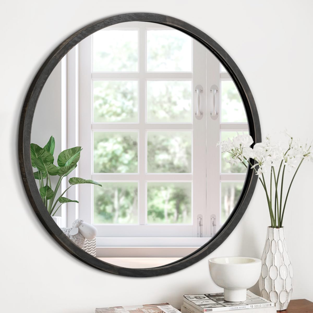 JJUUYOU Circle Mirror Round 30CM Vintage Wood Frame Wall Mounted Mirror for Bathroom Living Room Bedroom Dormitory Washroom,Black