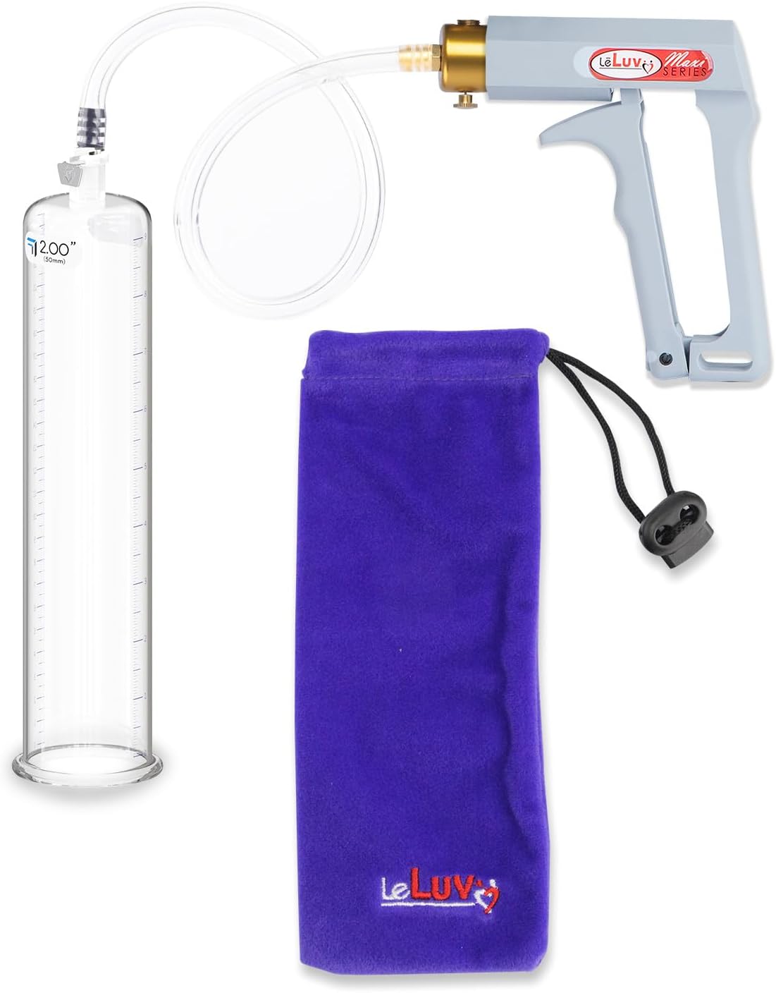 LeLuv Penis Pump Maxi Grey Handle with Clear Hose - 9" Length x 2" Diameter Round Flange Cylinder