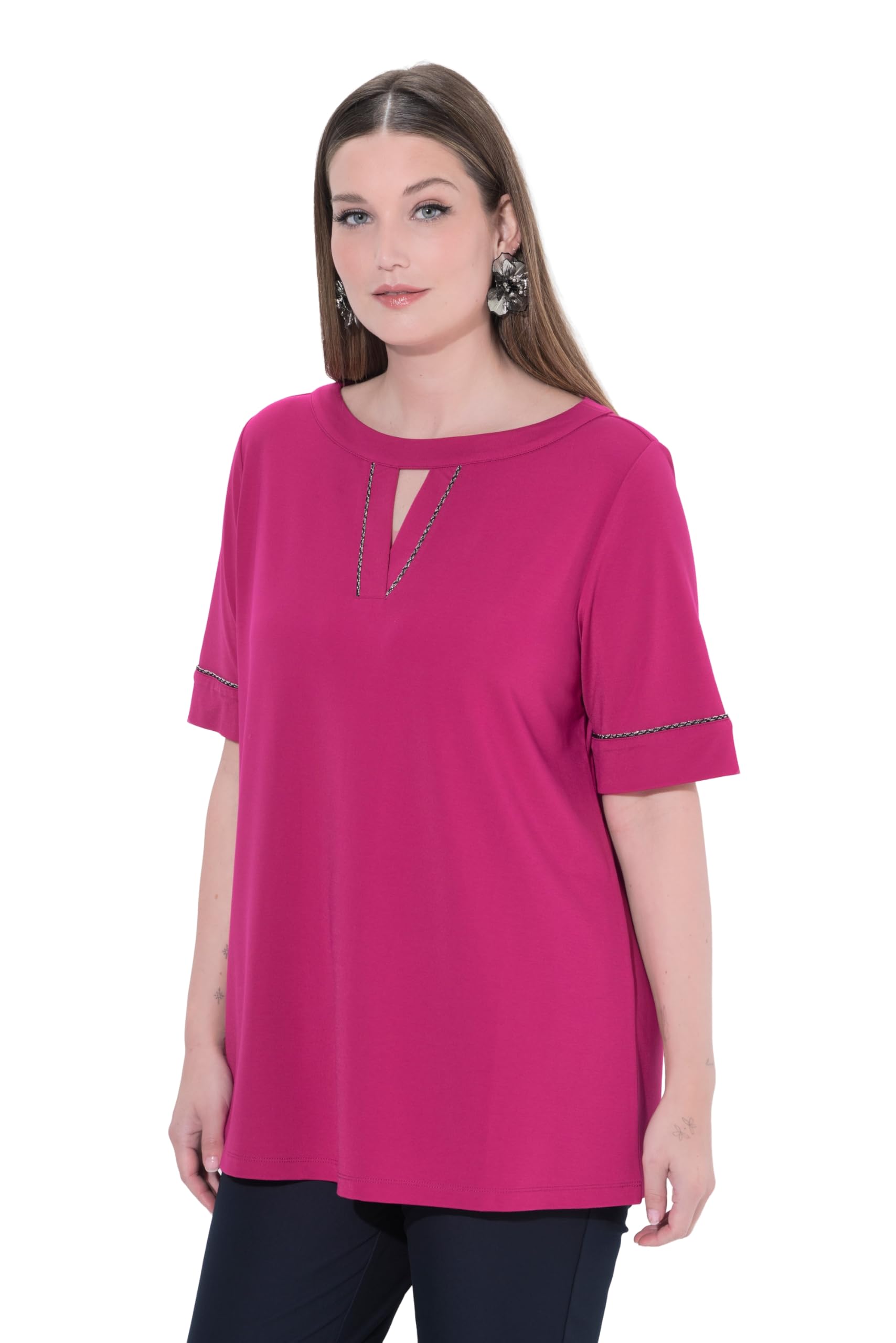Ulla Popken Damen große Größen Übergrößen Plus Size Punto-Shirt, A-Linie, Zierband, U-Boot-Ausschnitt, Halbarm 847243
