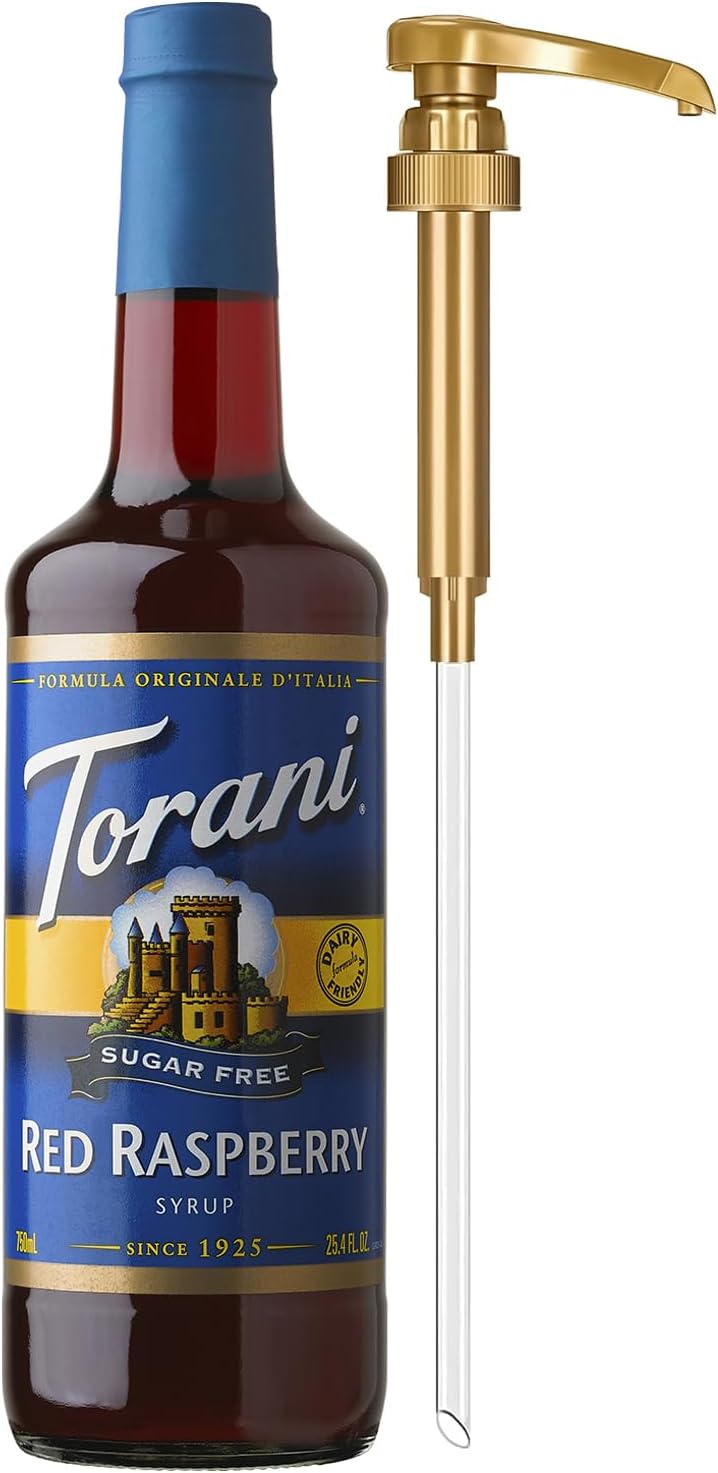 Torani Sugar Free Syrup, Red Raspberry, Dairy Friendly Flavoring for Drinks, Zero Calorie, Glass Bottle with Pump Included, 25.4 Fl Oz