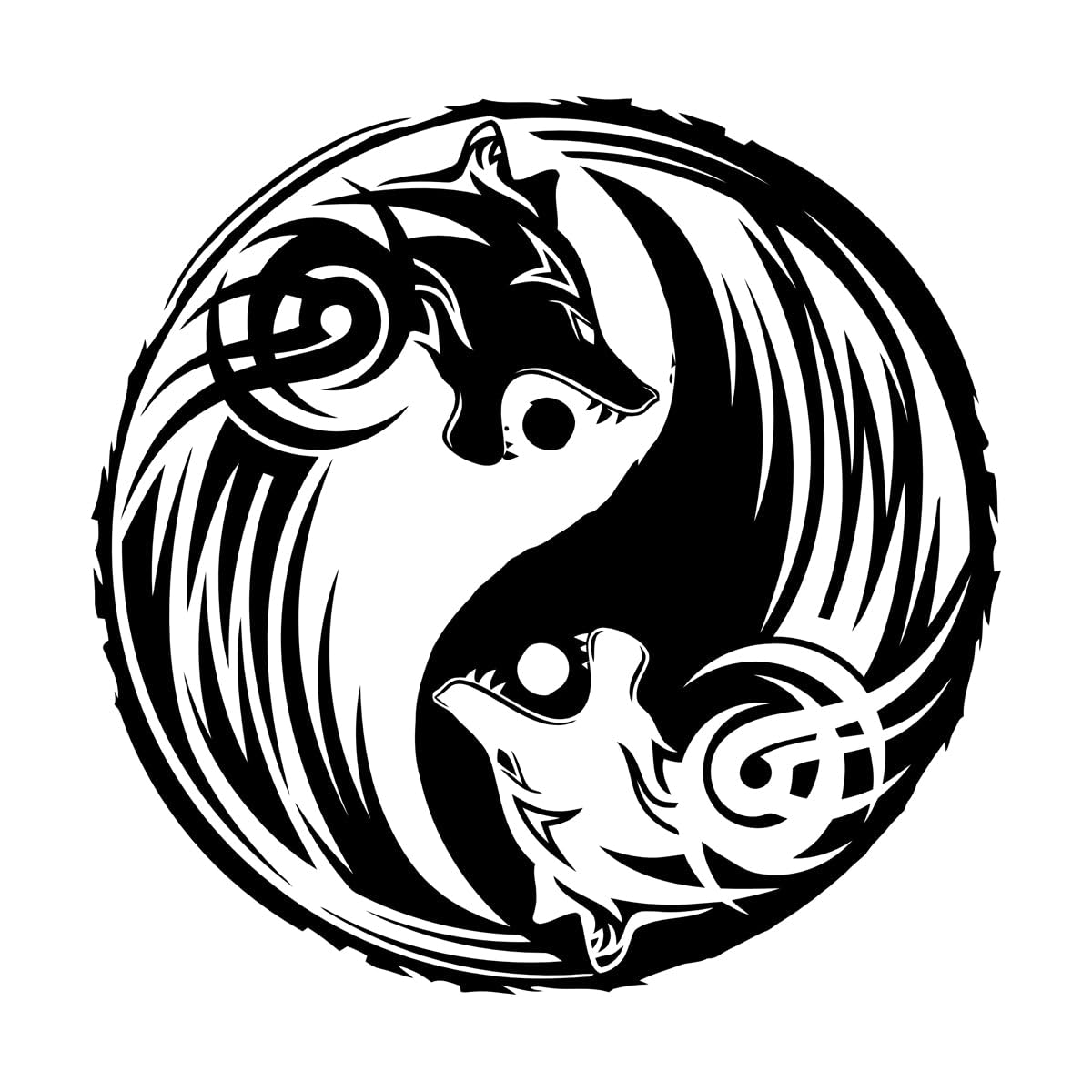 Wall Vinyl Sticker Decor Couple Wolfs Yin Yang Oriental Ornament 36x36.8cm Art Mural Painting Small Black