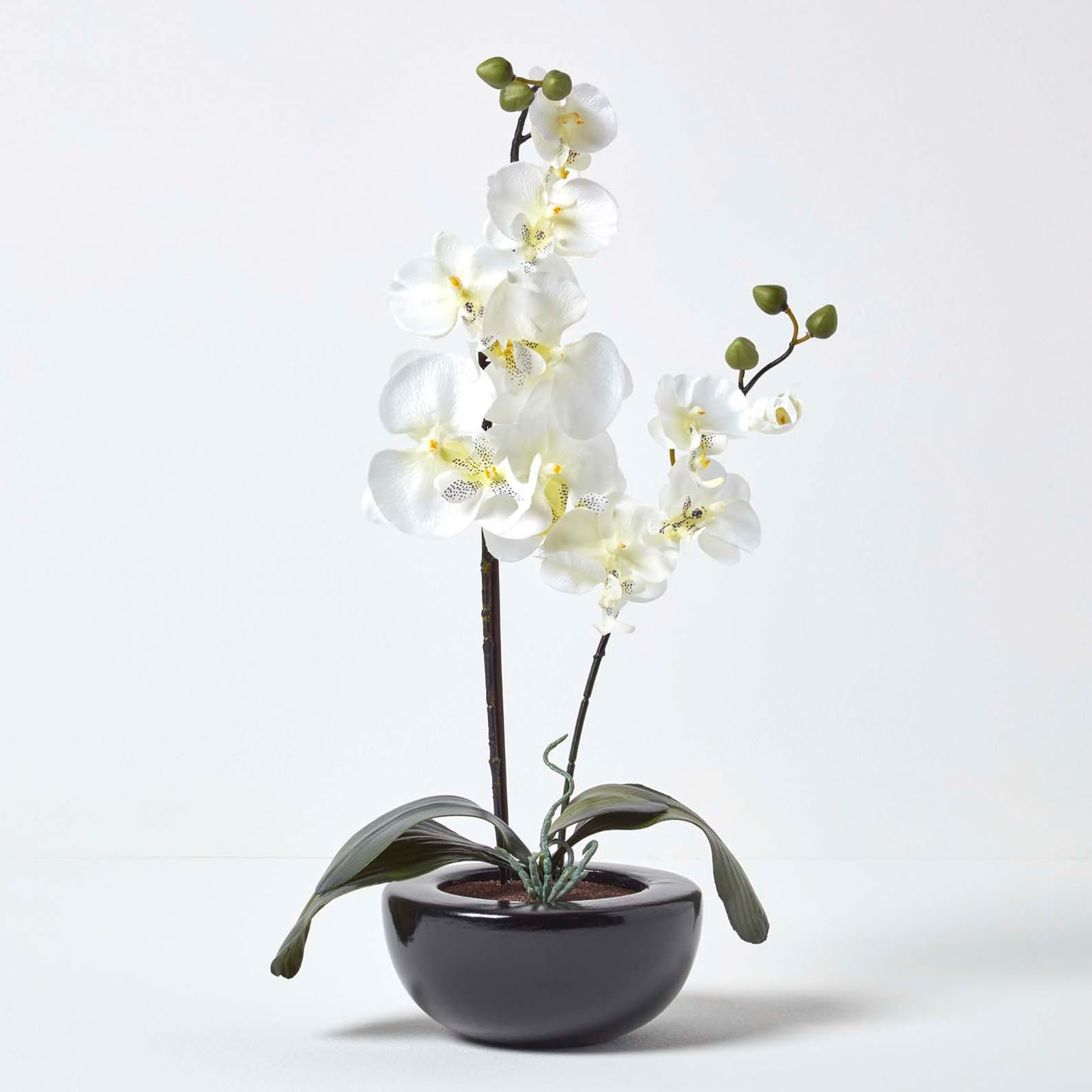 HOMESCAPESCream Orchid with Silk Flowers in Black Round Planter Pot 54 cm tall - Artificial Flowers and Plants for Indoor Decoration.