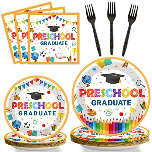 Image of Preschool Graduation Party Supplies Pre-K Grad Tableware Set Kindergarten Graduation Plate Napkin Kindergarten Disposable Paper Dinnerware Kit for Graduate Party decoration Favor 24 Guest (White)