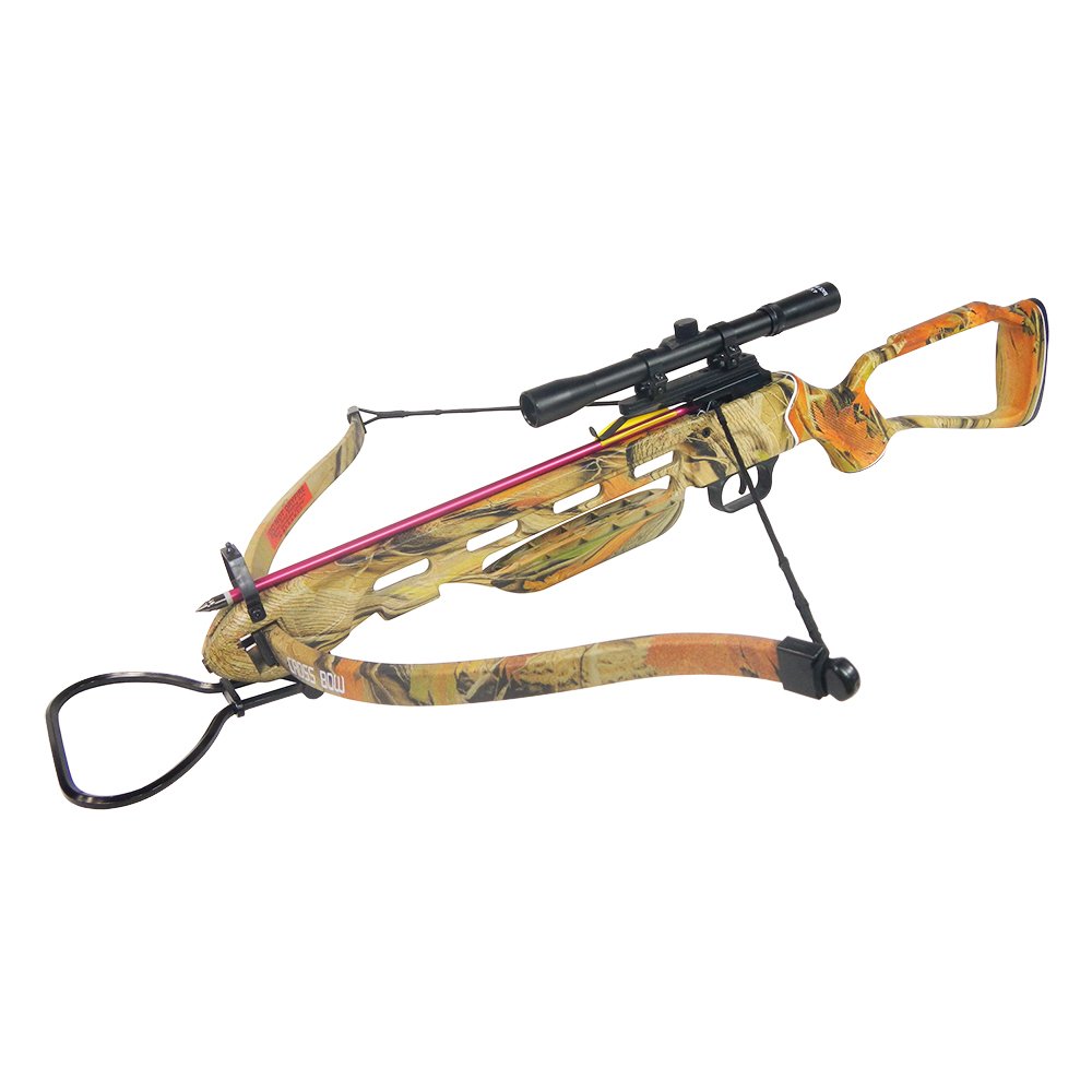 150 lb Black/Wood/Camouflage Hunting Crossbow Archery Bow + 4x20 Scope +7 Arrows + Rope Cocking Device 180 80 50 lbs