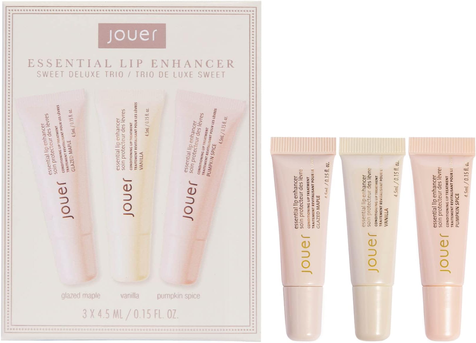 Jouer Essential Lip Enhancer Shine Balm Trio - Vanilla, Pumpkin Spice & Glazed Maple - Moisturize & Nourish Lips - Maxi Lip for Visual Fullness - Paraben, Gluten & Cruelty Free - Vegan Friendly