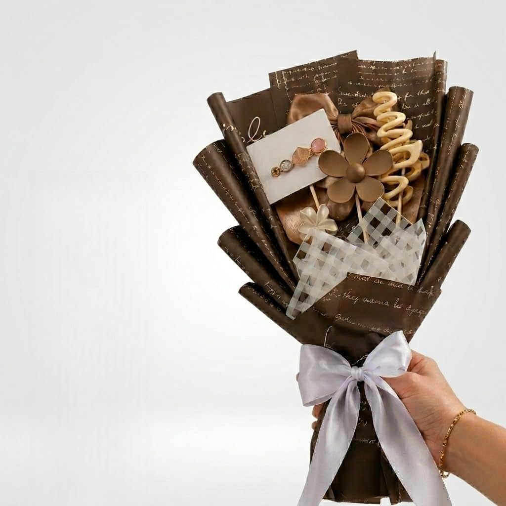 Elegant Brown Aesthetic Gift Bouquet with Hair Claw Clip, Flower Picks & Accessory Card | Korean Style Handmade Gift Wrap for Women, Birthday, Bridesmaid & Special Occasions-image-13