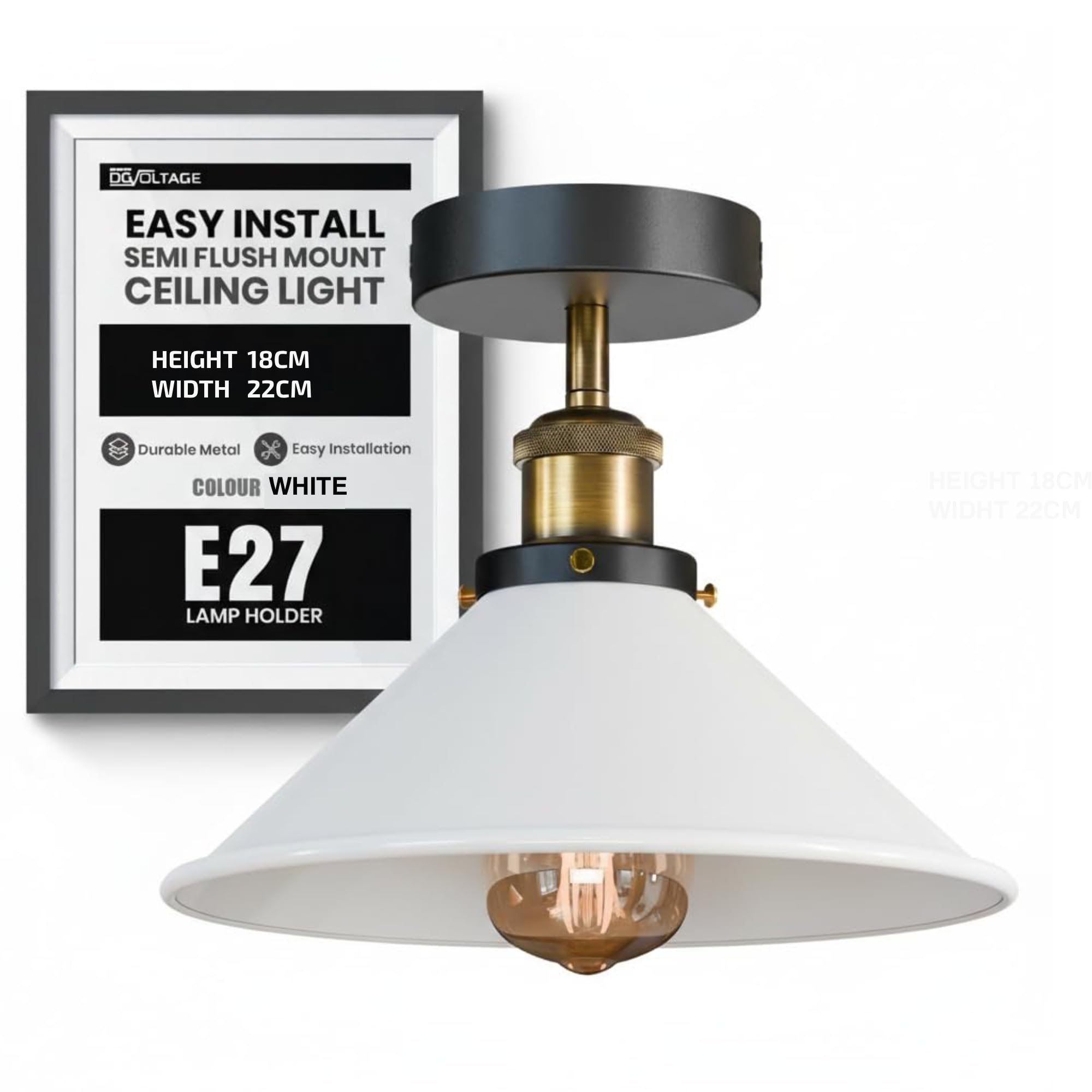 DC VOLTAGE Flush Ceiling Light 22cm E27 Base Vintage Metal White Cone Shade Semi Flush Mount Ceiling Light Fitting for Bedroom, Living Room, Kitchen, Hallway UK Indoor Ceiling Fixture with Bulb — image 1