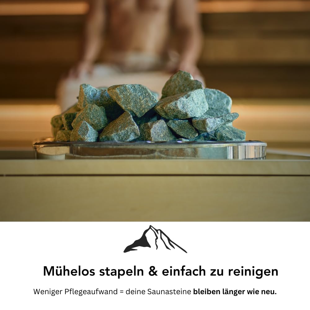 HarzStone Pierres de sauna 20 kg – Chaleur parfaite, chauffage rapide et facile à empiler | Pour tous les poêles de sauna (bois et électrique) | Sélectionné à la main (diabase de 80 à 120 mm)