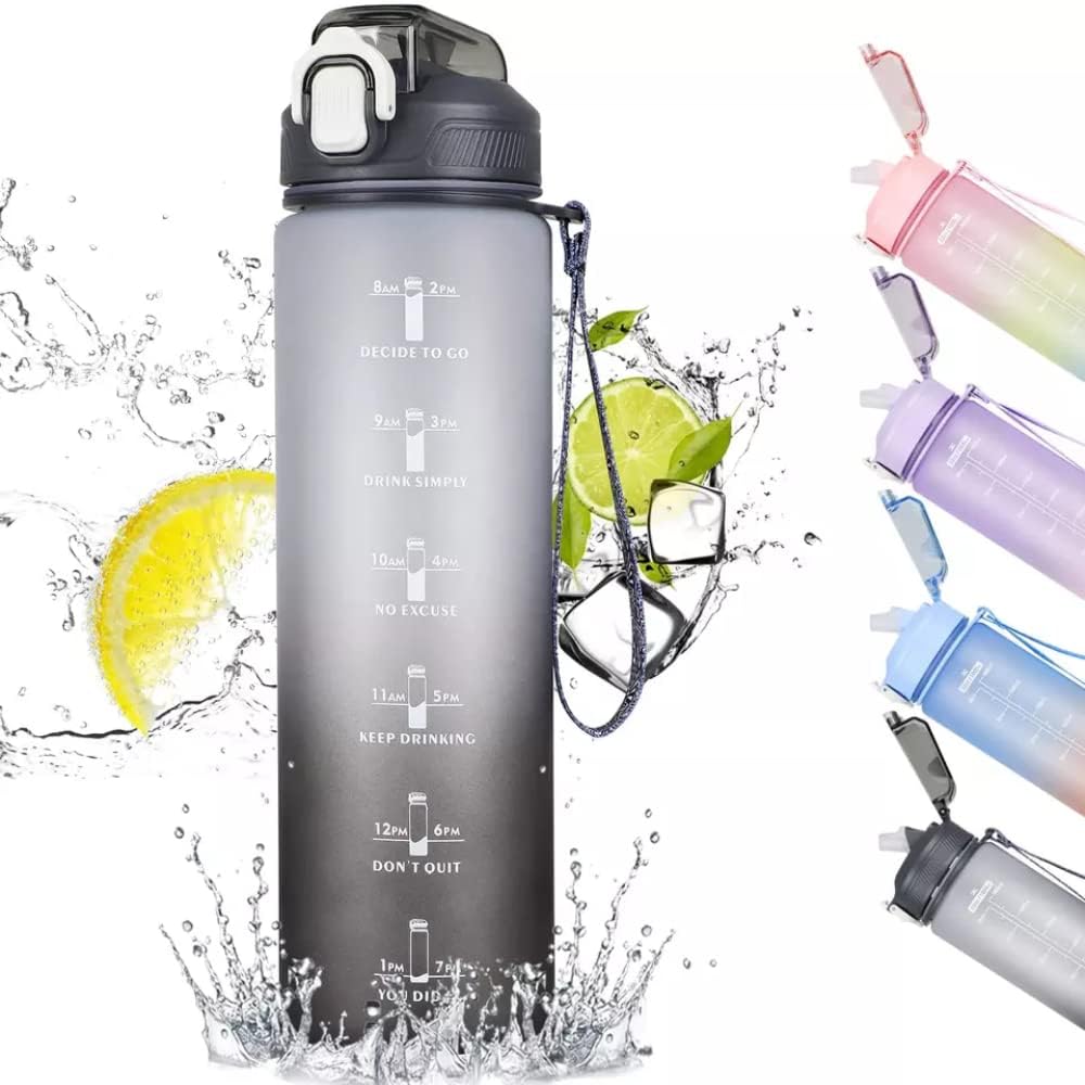 iLLYS Water Bottle 1L / 32oz with Motivational Time Marker Straw Strainer Sport Plastic Bottles for kids Fitness Gym Office Outdoor Sports and Exercise Leak Proof (White & Black)