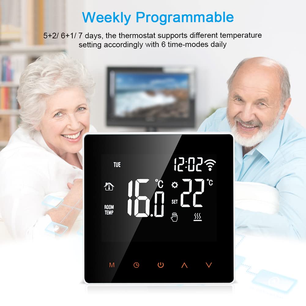 Kavolet Inteligentny termostat Wi-Fi, cyfrowy regulator temperatury, sterowanie aplikacją, ekran dotykowy LCD, programowalne elektryczne ogrzewanie podłogowe, termostat do domu, szkoły, biura, hotelu 16 A