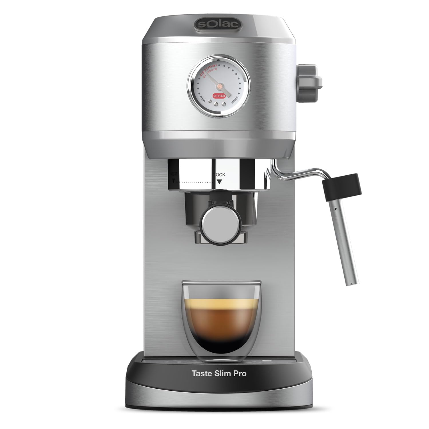 Solac Taste Slim Pro - Cafetera Espresso 20 bares | Sistema Double Cream | Calientatazas | Calentamiento Thermoblock | Parada Automática | 1L | Acero Inoxidable | Programable | Libre de BPA