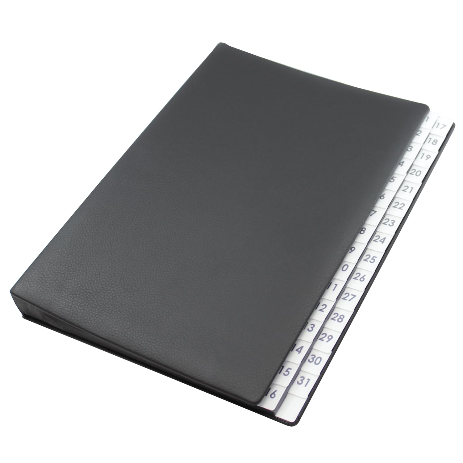 Raccoglitore con registro 1-31, pelle bovina grana nera, adatto per DIN A4, copertina morbida con dorso elastico, divisori in cartone nero con fori di visualizzazione