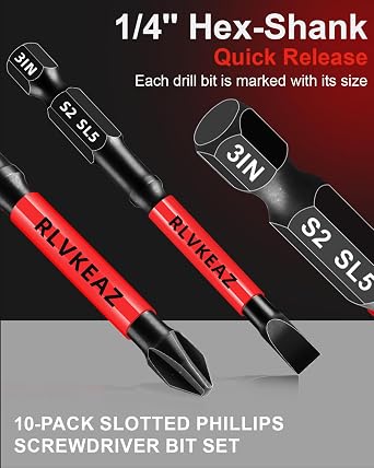 10-PCS 3 Long Magnetic Screwdriver Bits Set: Phillips Bits #1/#2/#3 & Slotted Head - S2 Alloy Steel, 1/4 Hex Shank for Impact Driver, Power Drill - Pro & DIY
