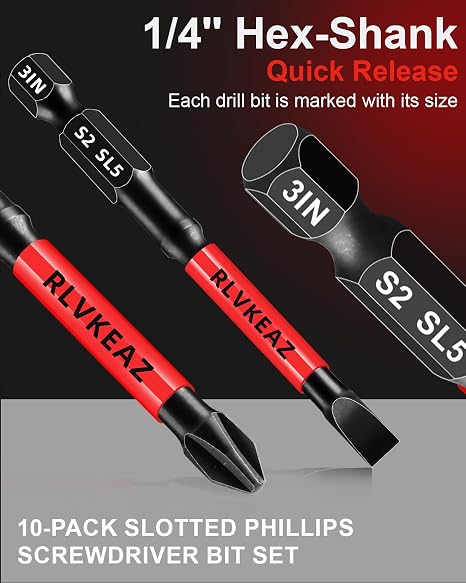 10-PCS 3 Long Magnetic Screwdriver Bits Set: Phillips Bits #1/#2/#3 & Slotted Head - S2 Alloy Steel, 1/4 Hex Shank for Impact Driver, Power Drill - Pro & DIY