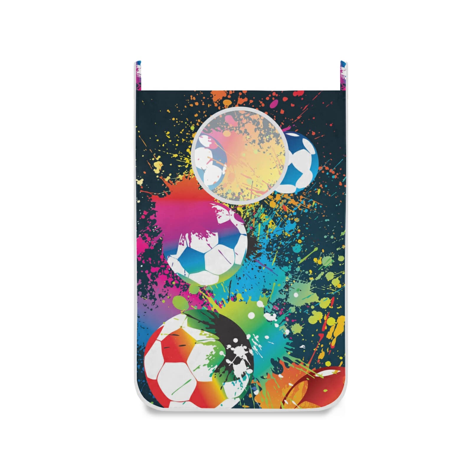Poeticcity Multi 16 Colorful Footballs Spots Dots Paint On Black Hanging Laundry Hamper Bag, Dirty Clothes Bag Over The Door, Wall Cloth Basket With Hooks Storage Closet For Bathroom Bedroom