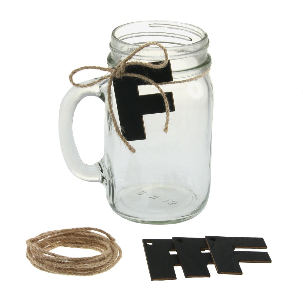 Ivy Lane Design Mason Jar 12 Mugs Kit with Jute and Chalkboard, Letter F