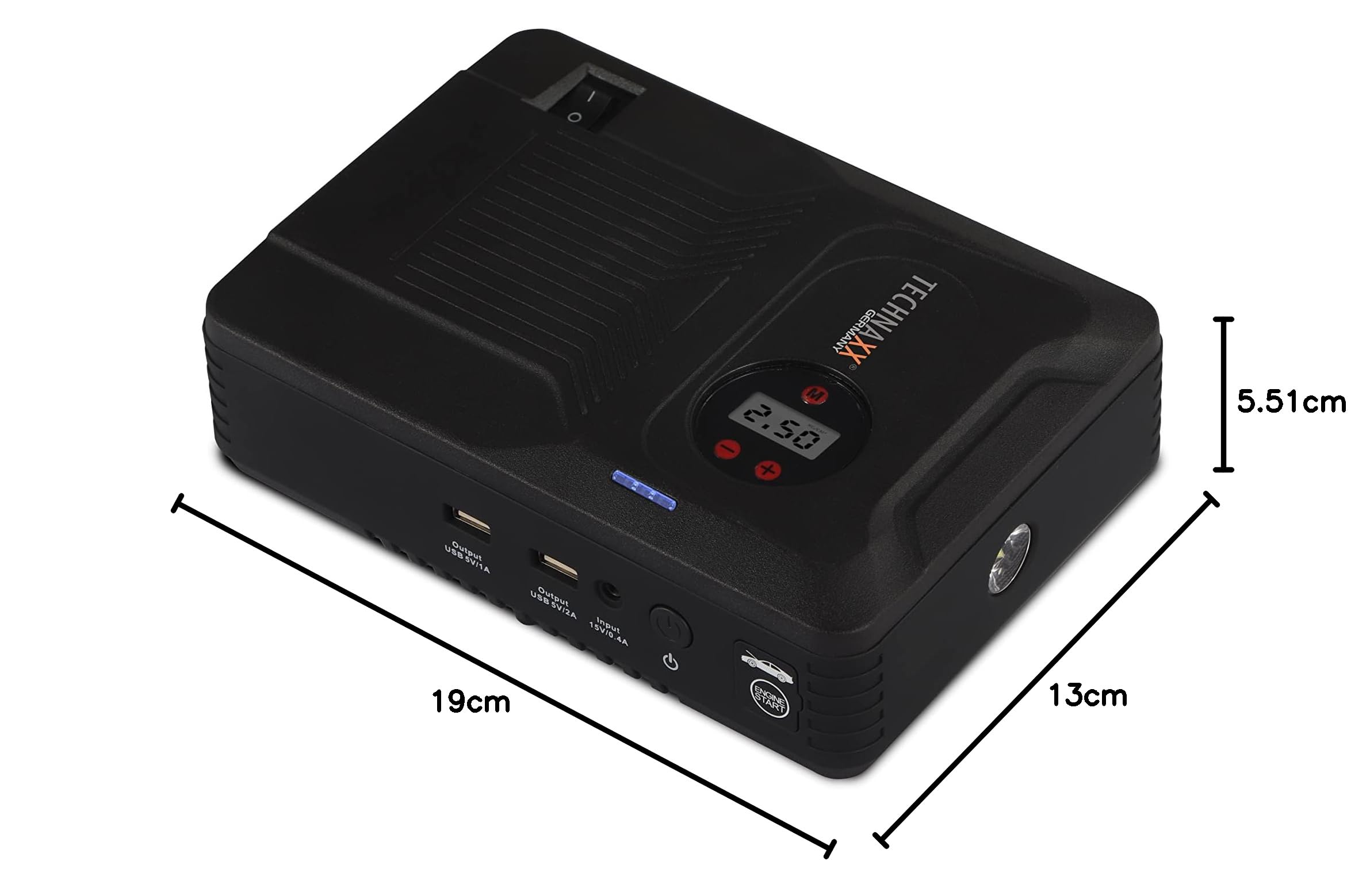 Technaxx Wielofunkcyjne urządzenie rozruchowe 4 w 1 z powerbankiem (benzyna do 4,0 l/olej napędowy do 3,0 l), 3,5 mini sprężarka akumulatorowa, lampa LED TX-219 – bateria 14000 mAh, 2 x złącze USB-A